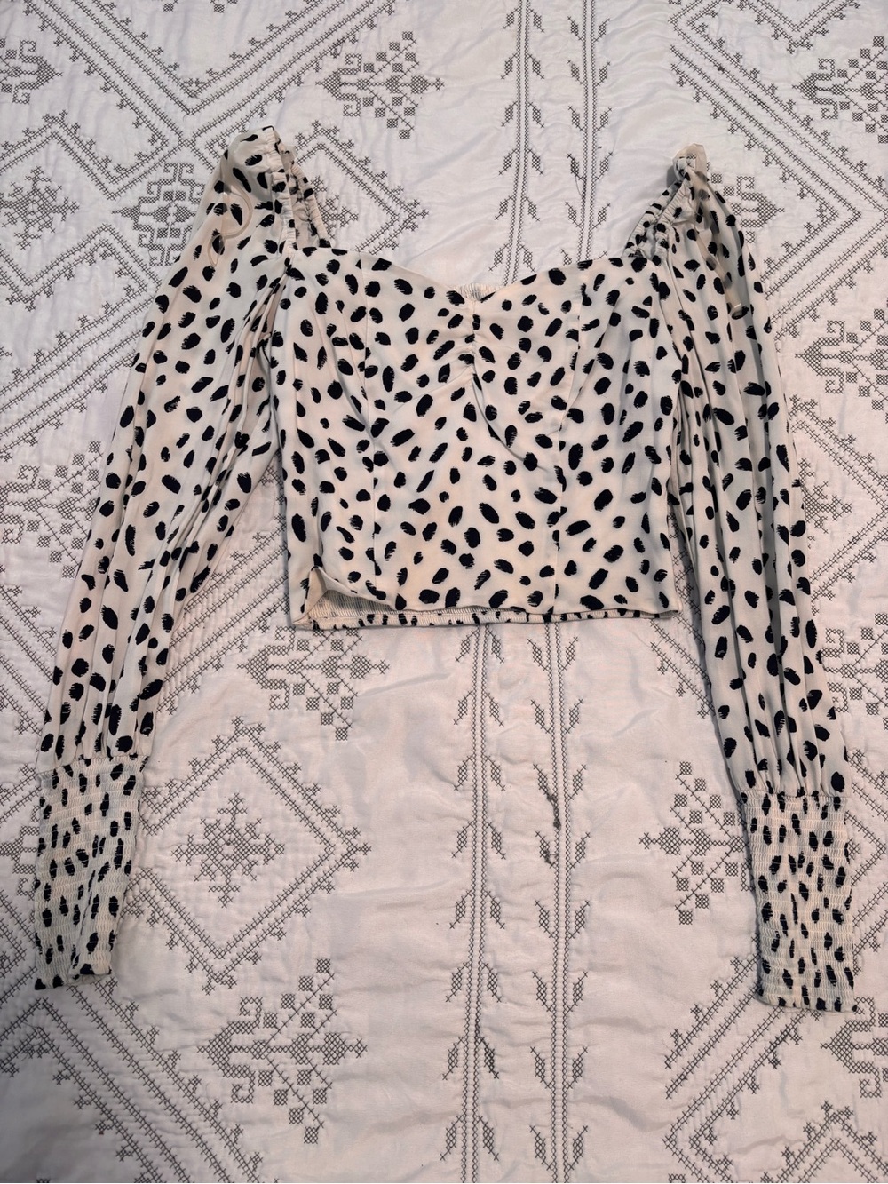 Polka Dot Long Sleeve Crop Top - White/Black